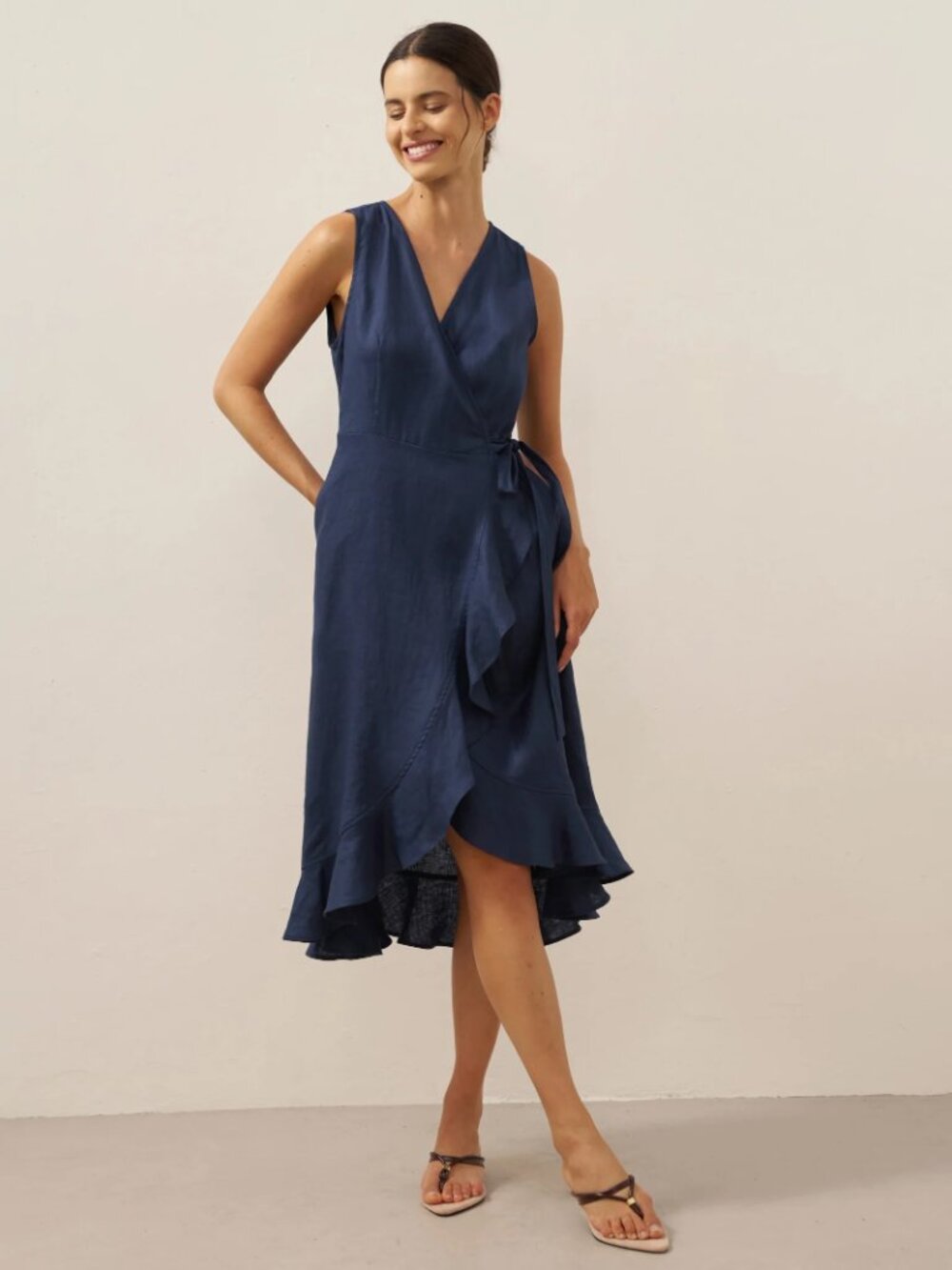 Lintico 100% Linen V-Neck One-Piece Ruffle Hem Midi Dress MAYA